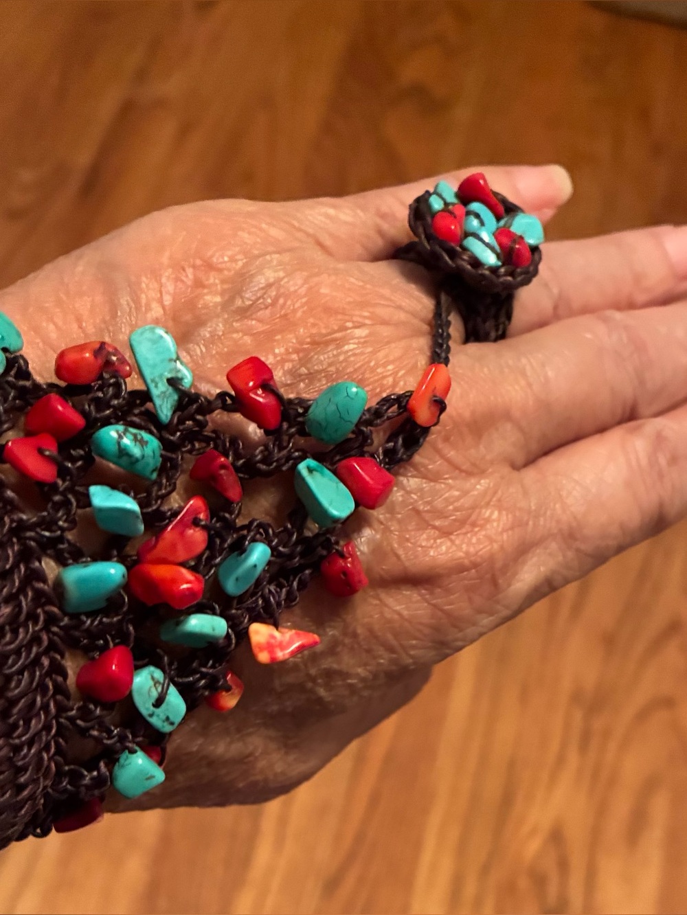 Handcrafted Brown, Turquoise & Red Beaded Crochet Ring-Bracelet - Women Jewelry